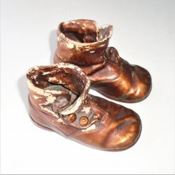 Bronze High Button Baby Shoes, Antique 1920s, Rustic