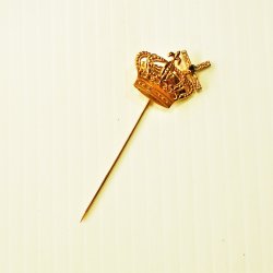 Stick Pin, Royal Crown and Cross on Top, Gold Tone, 3 inch