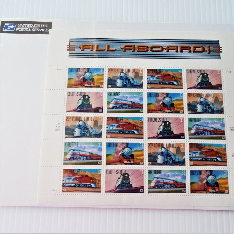 All Aboard, USPS full pane stamp sheet, 20 x .33 cent. Sealed and in mint condition.