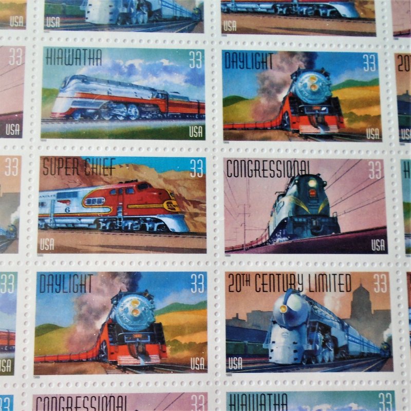 All Aboard, USPS full pane stamp sheet, 20 x .33 cent. Sealed and in mint condition.