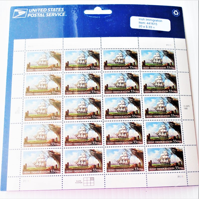 Irish Immigration USPS full pane stamp sheet, 20 x .33 cent. Sealed and in mint condition.
