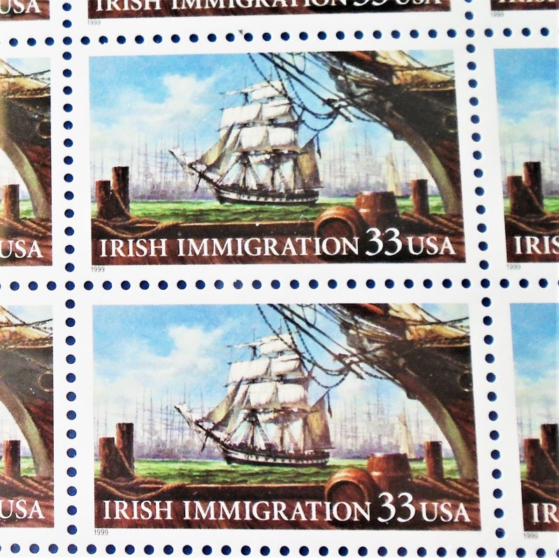 Irish Immigration USPS full pane stamp sheet, 20 x .33 cent. Sealed and in mint condition.