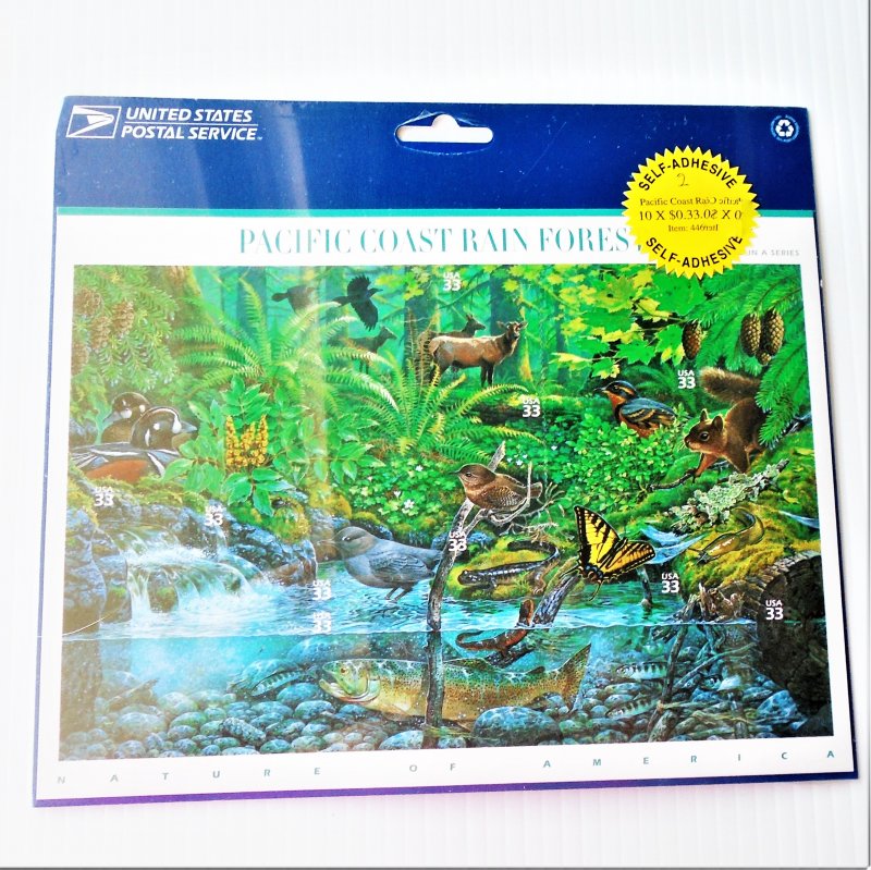 Pacific Coast Rain Forest USPS full pane stamp sheet, 10 x .33 cent. Sealed and in mint condition.