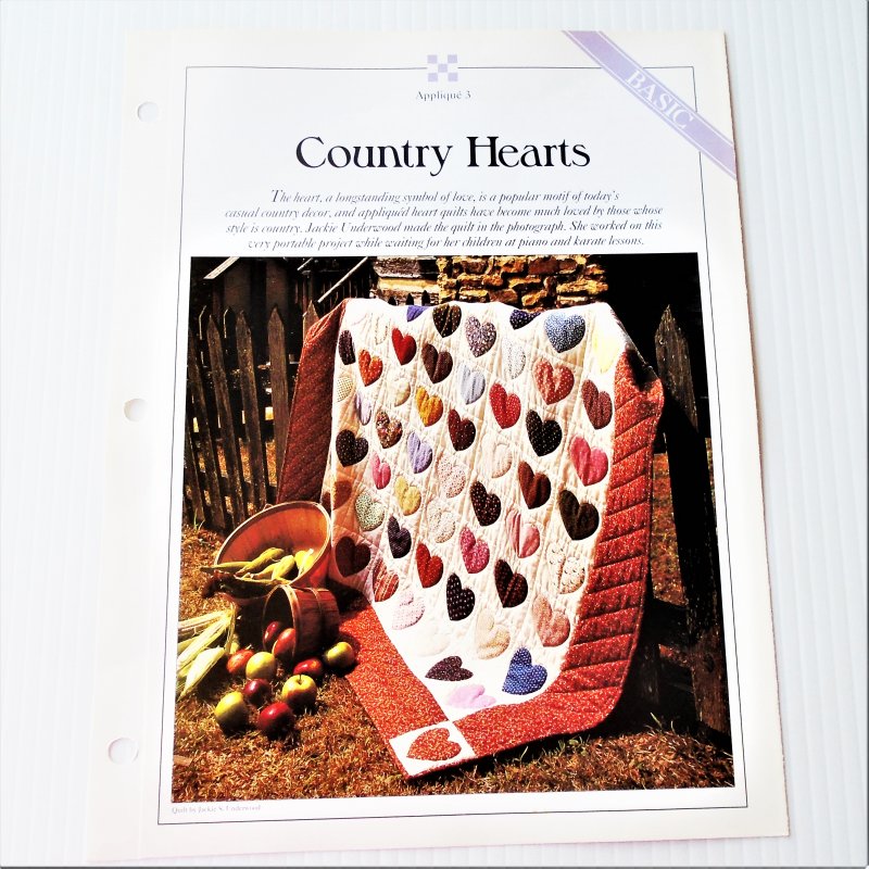 Country Hearts quilt and apron pattern with templates. Gives sizes and information for making a 60 by 72 inch quilt.