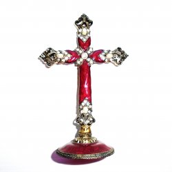 Maroon Standing Cross, Enamel w Faux Pearls, Rhinestones