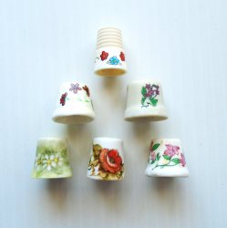 Mini Thimbles, Floral Design, Qty 6, Porcelain
