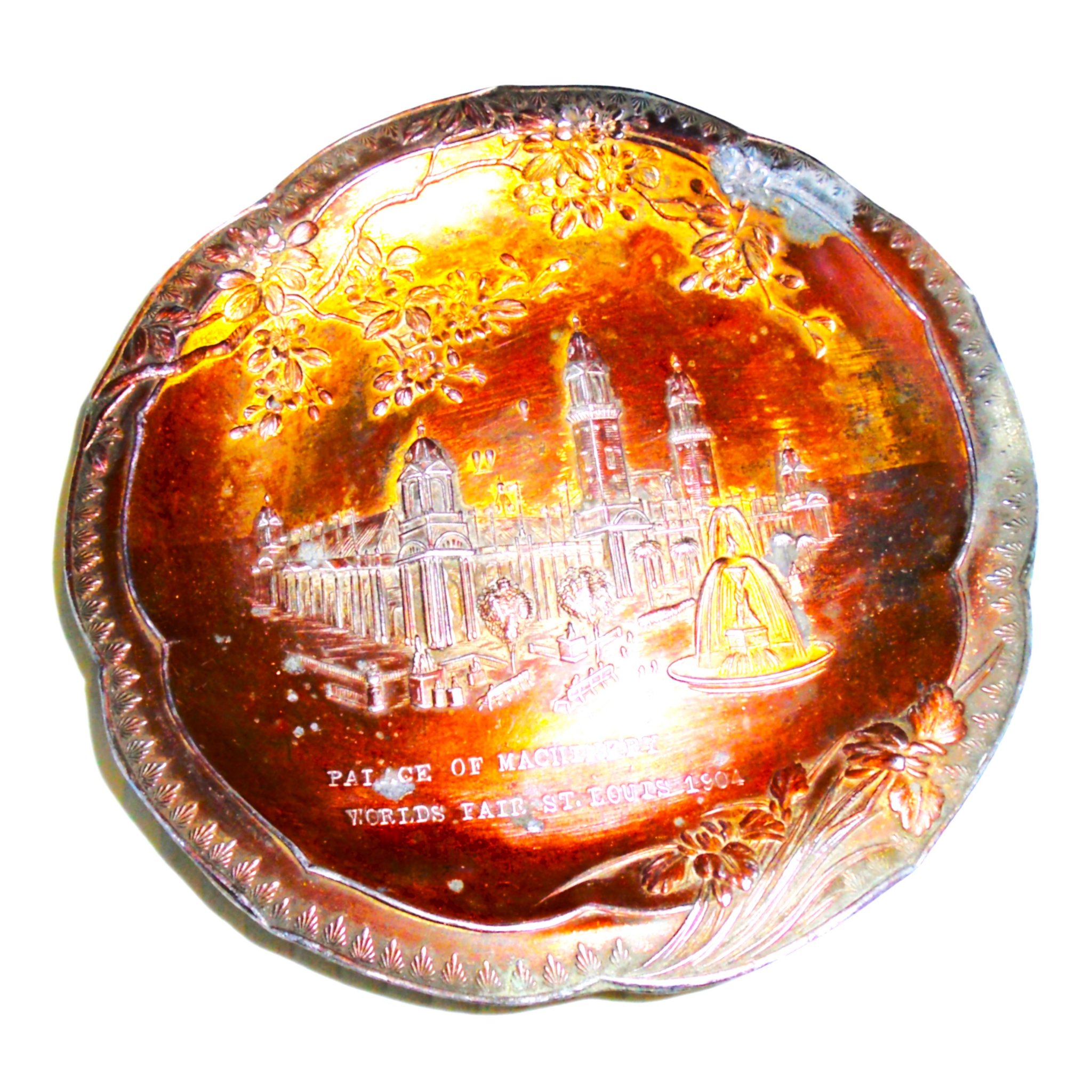 1904 St. Louis world’s fair dish tray. Shows “Palace of Machinery” building and is dated 1904