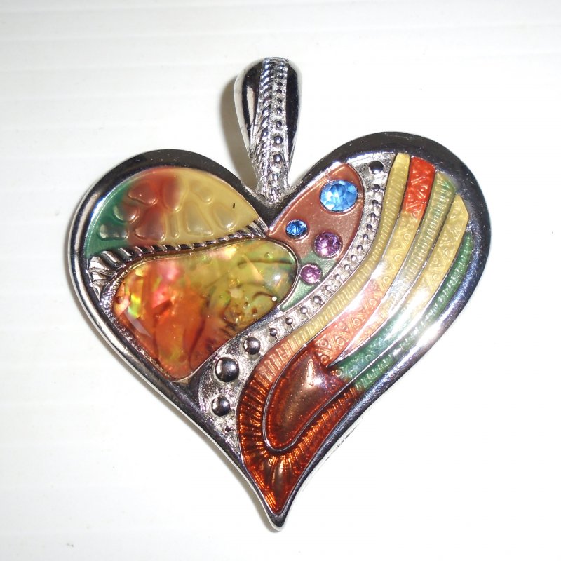 Heart Pendant, Multi Color Mother of Pearl Abalone Stone. Approx 2 inch. 1990s-2000s. Excellent condition.