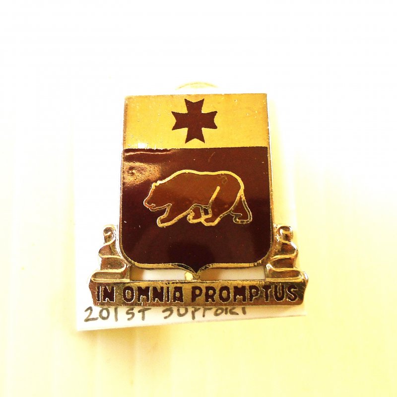 201st U.S. Army Support DUI Insignia Pin. It has the motto “In Omnia Promptus