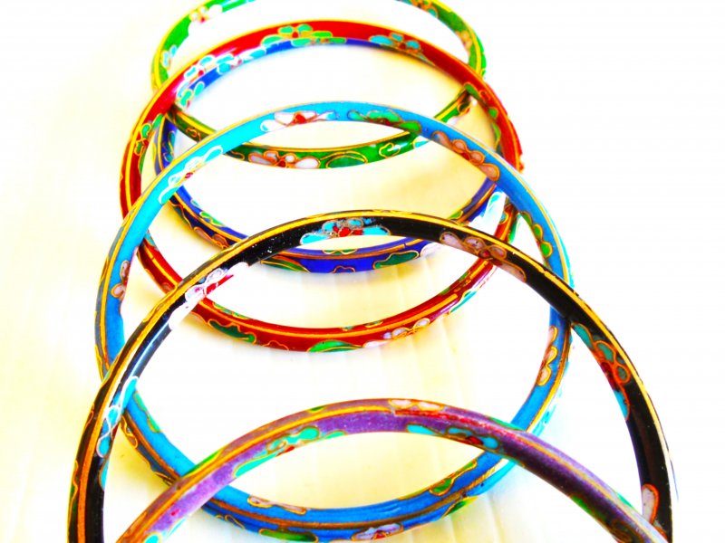 Set of 6 cloisonne bangle bracelets. 3.5 inch wrist opening.