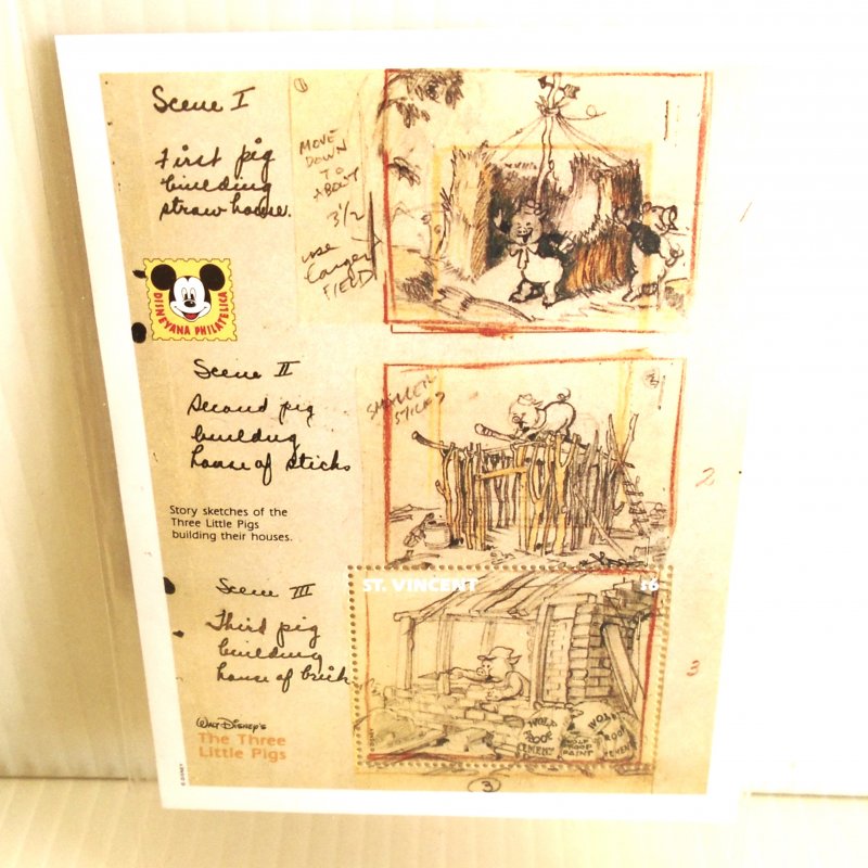 Country of St. Vincent Disney 3 Little Pigs Stamp Sheets, 3 Different Sheets