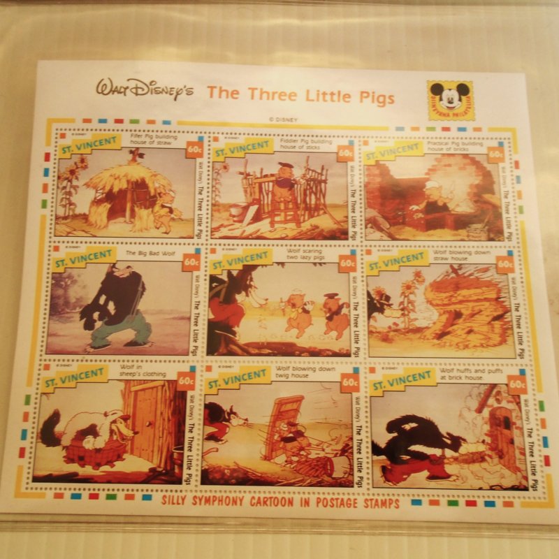 Country of St. Vincent Disney 3 Little Pigs Stamp Sheets, 3 Different Sheets