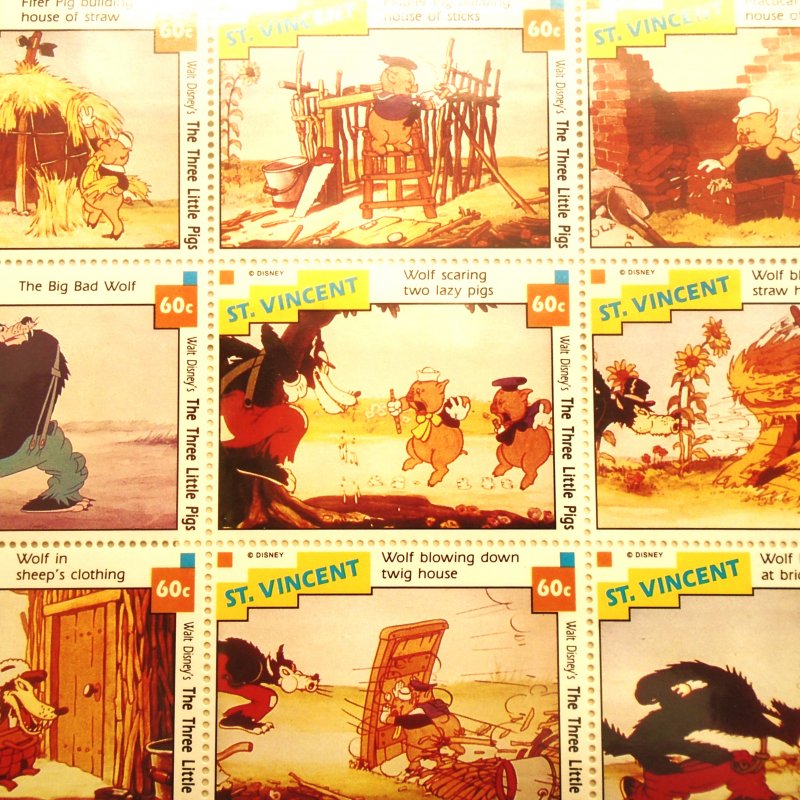 Country of St. Vincent Disney 3 Little Pigs Stamp Sheets, 3 Different Sheets