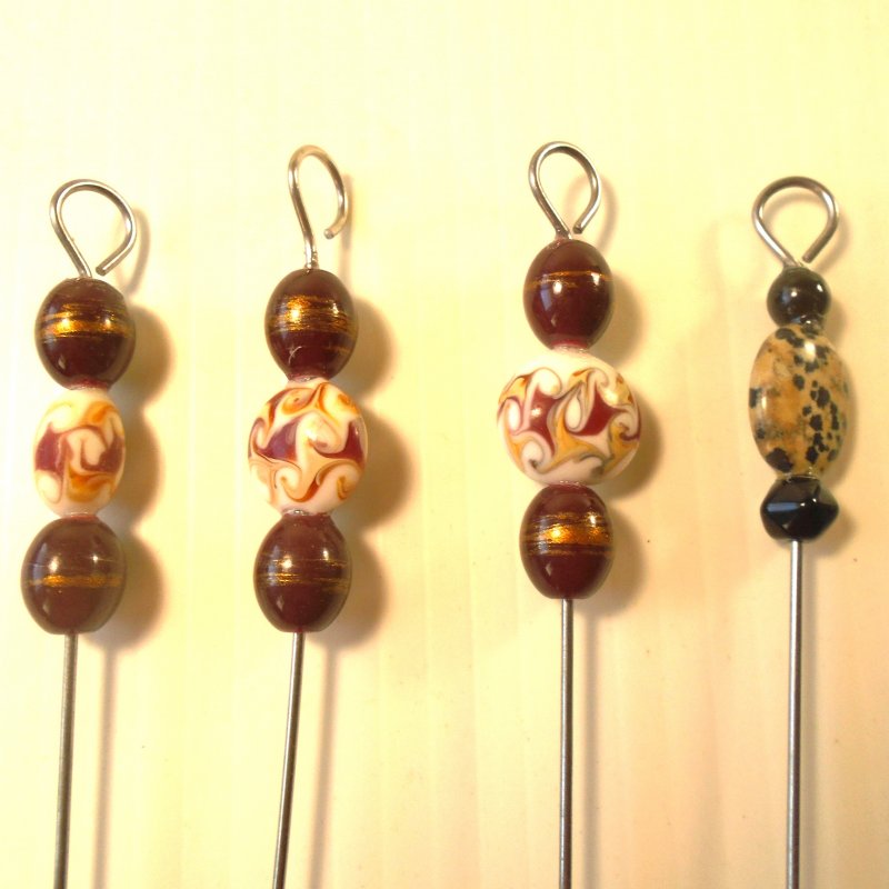 Cocktail Appetizer Horderves Picks, Art Deco Style Qty of 4 brown marbled in color.