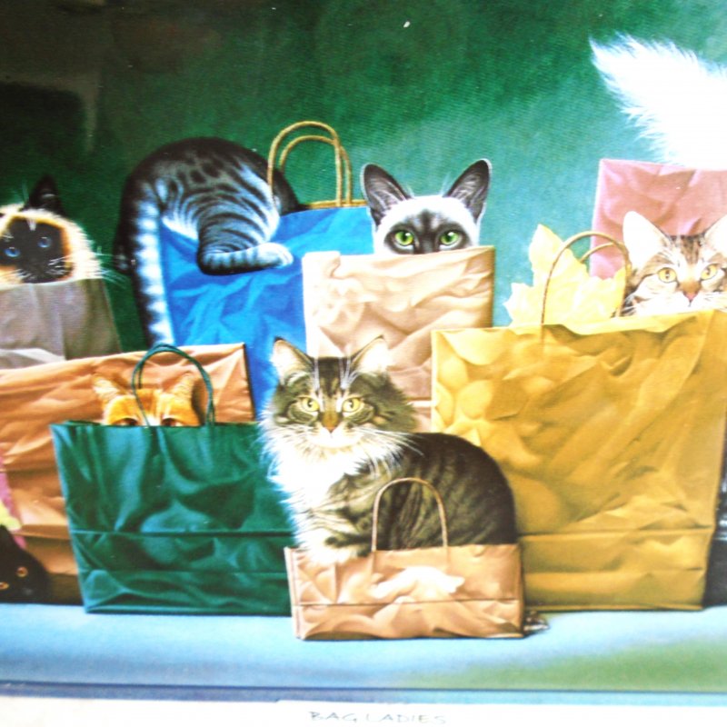 Bradford Exchange Wall Plate of cats sitting in paper shopping bags. Titled “Bag Ladies”. 9x7 inch ceramic.
