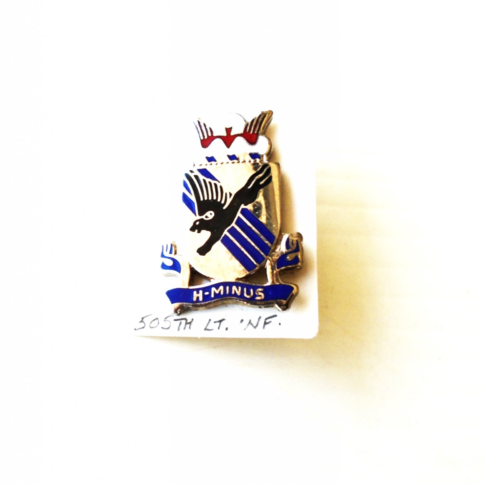 505th U.S. Army Light Infantry insignia metal pin. H-Minus motto. 0-23 Denmark. Excellent condition. Estate find. Worn on Army Uniforms and caps.