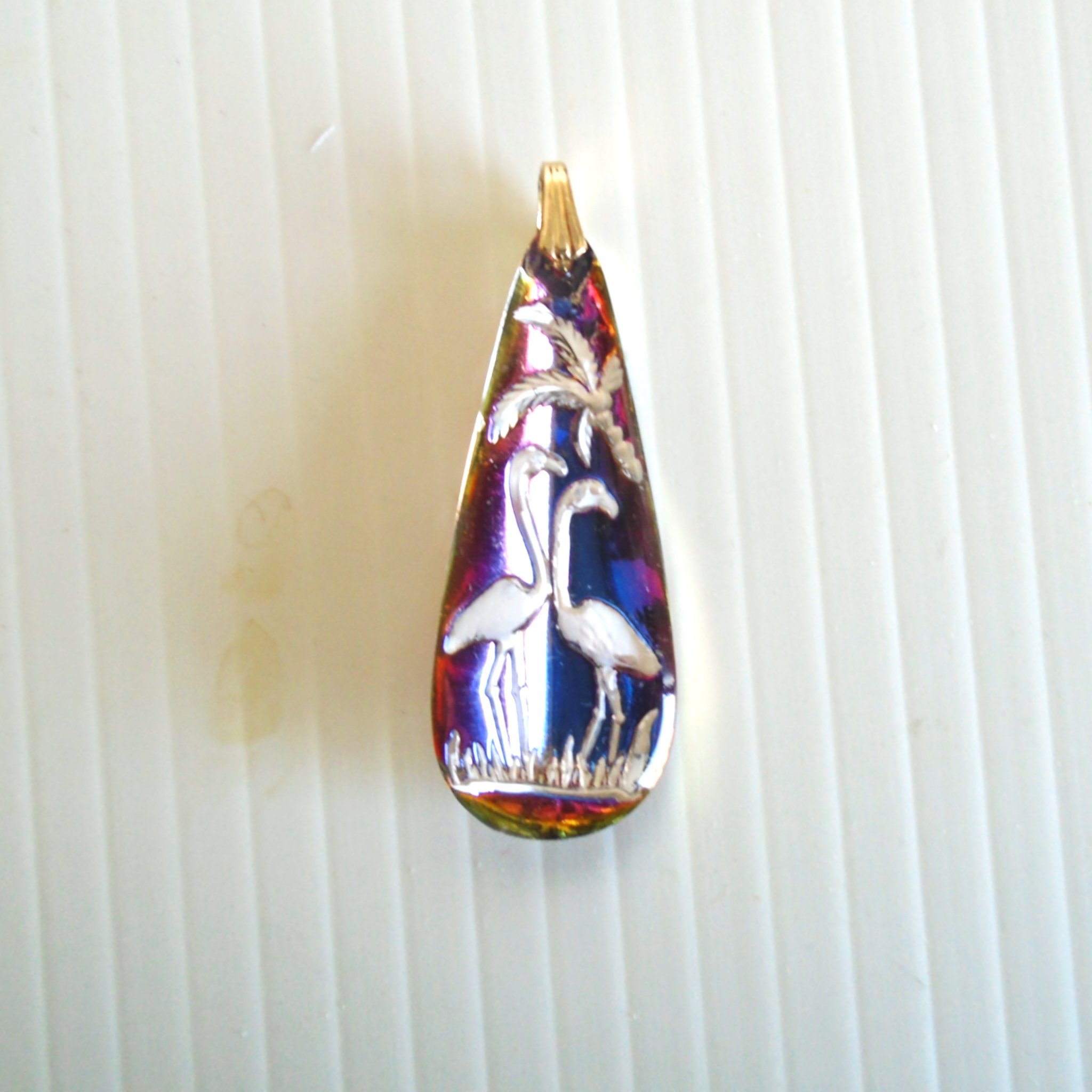 Double Sided Pendant featuring Flamingos. Teardrop shape. 1960s, 1970s. Pendant only.