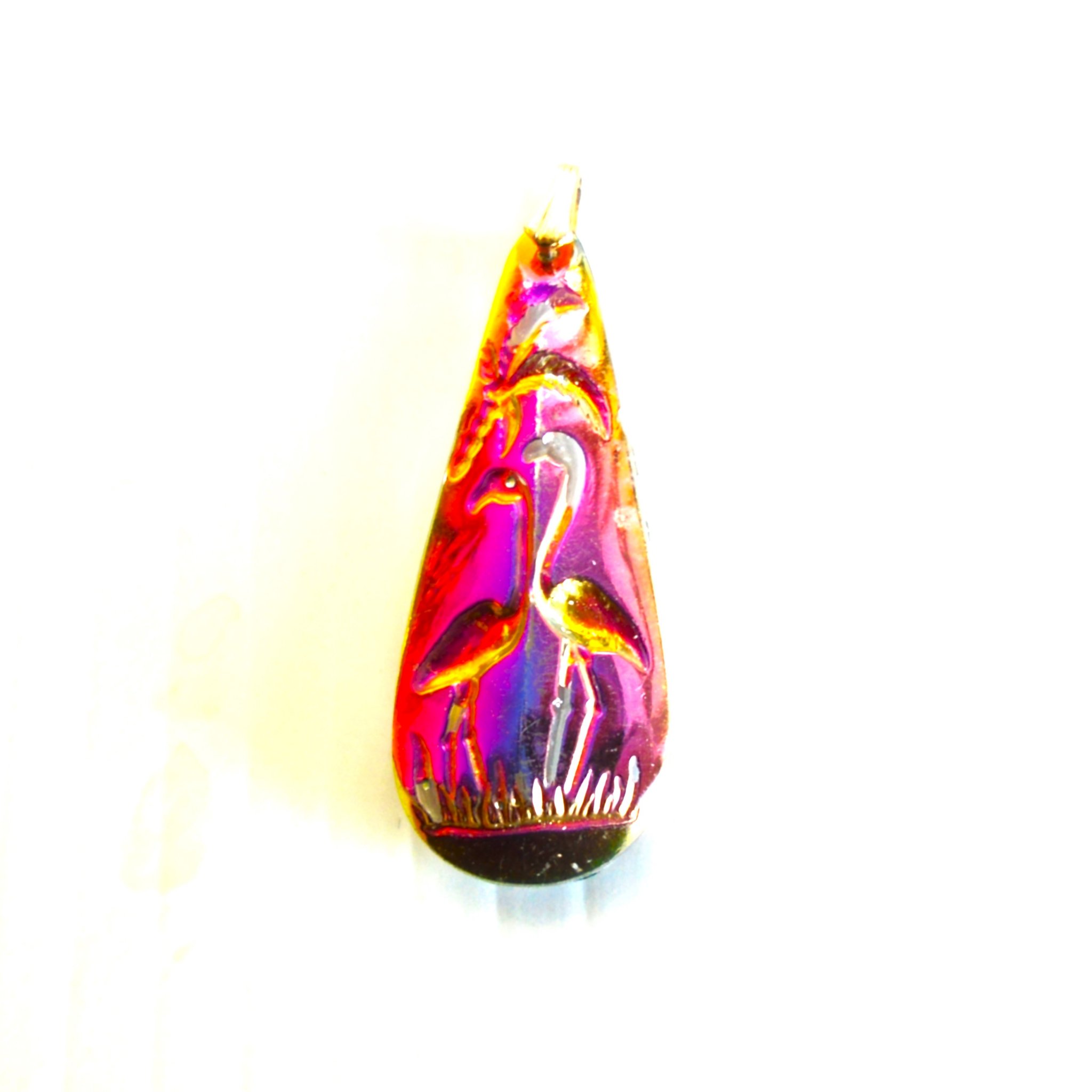 Double Sided Pendant featuring Flamingos. Teardrop shape. 1960s, 1970s. Pendant only.