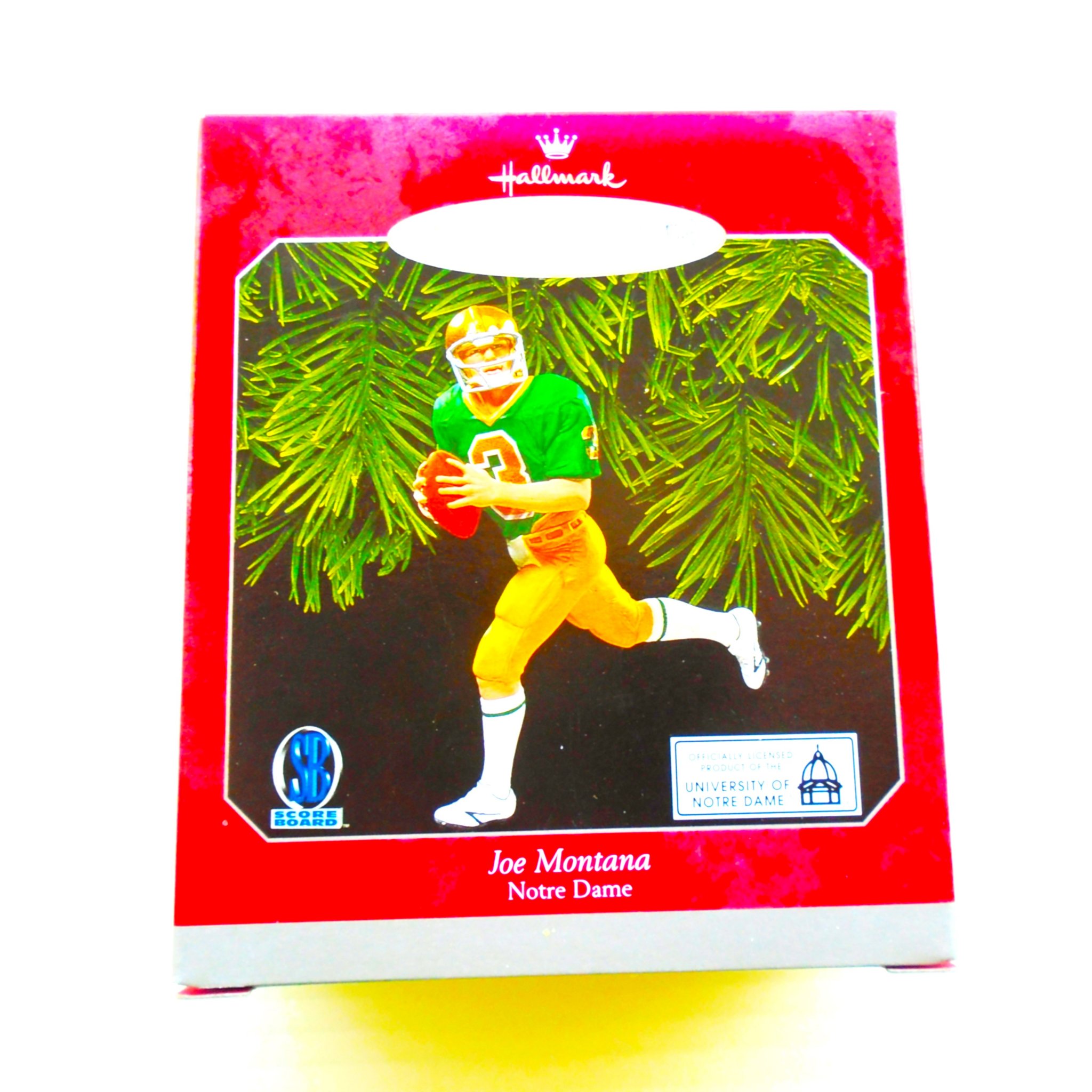 Hallmark Ornament depicting Joe Montana #3 playing his college football at the University of Notre Dame. New, never used. Comes in it’s original box.