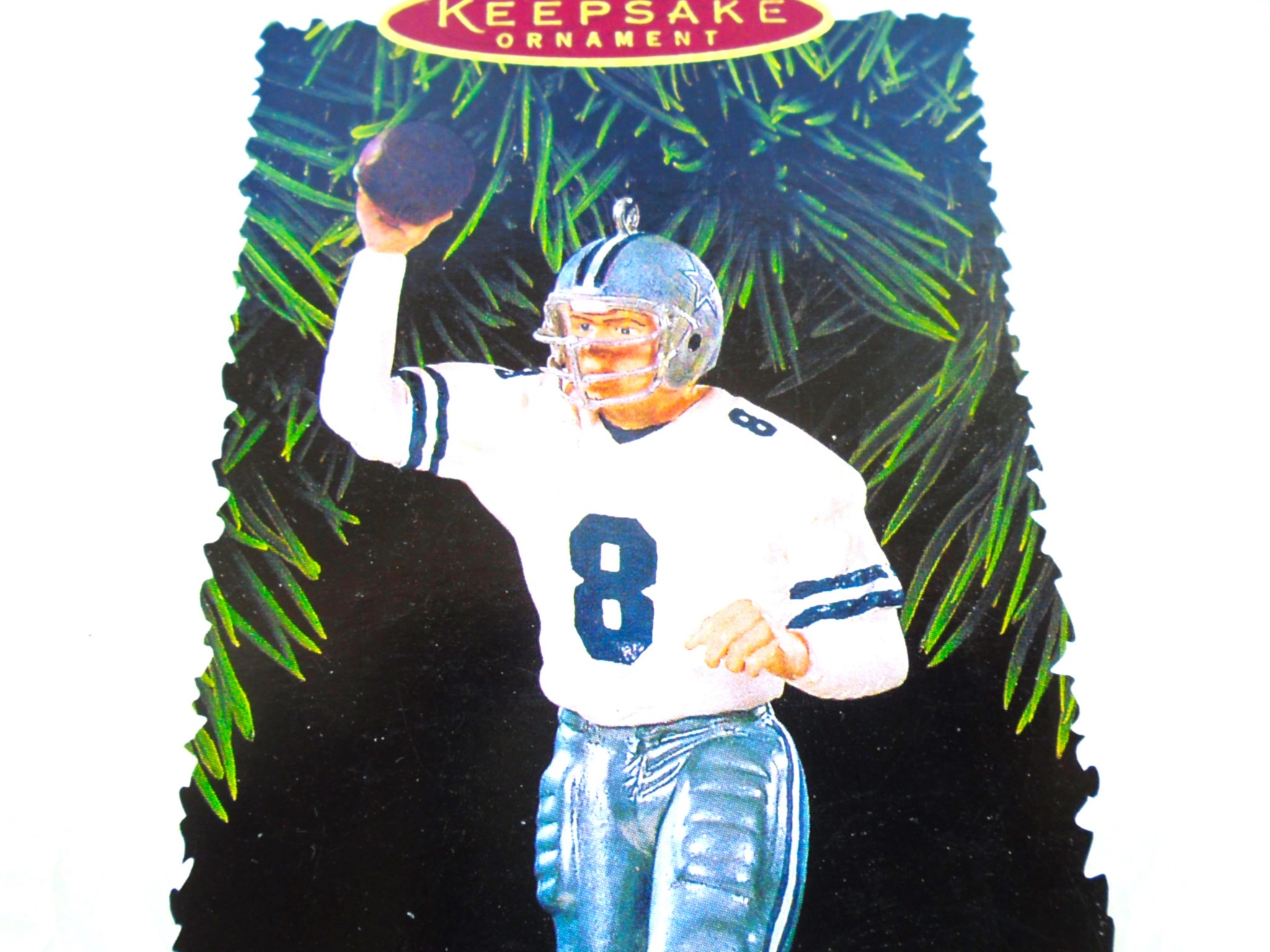 Hallmark Keepsake Ornament and sports card featuring Troy Aikman of the Dallas Cowboys. In original box dated 1996. Never used. New Old Stock (NOS).