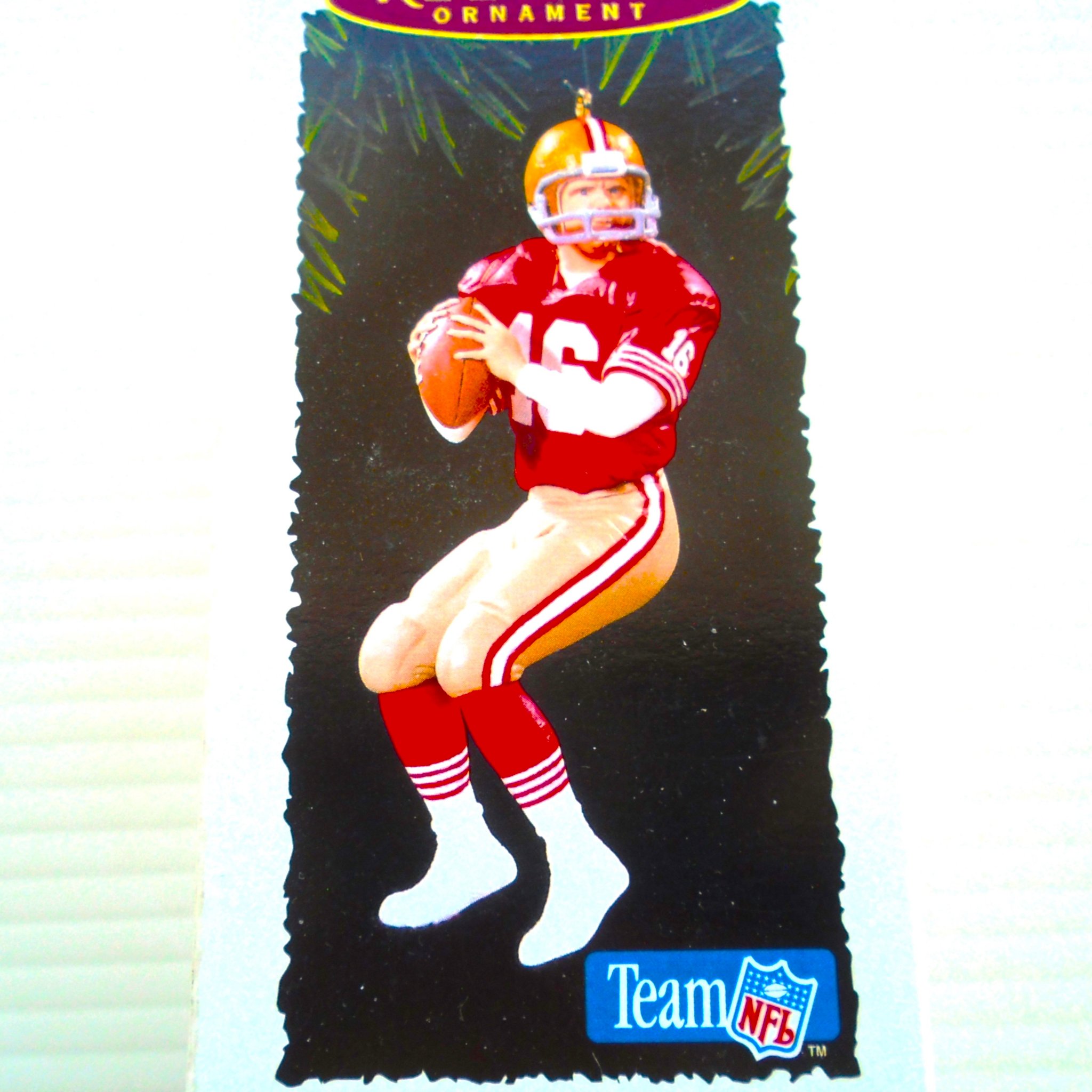 Hallmark Ornament, Joe Montana San Francisco 49ers. In original box dated 1995. Never used. New Old Stock (NOS).