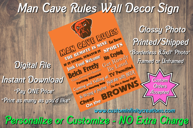 Cleveland Browns Man Cave Rules Wall Decor Sign Instant