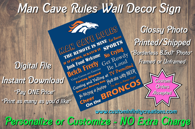 Denver Broncos Man Cave Rules Wall Decor Sign Instant