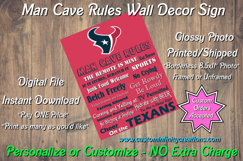 Houston Texans Man Cave Rules Wall Decor Sign Instant