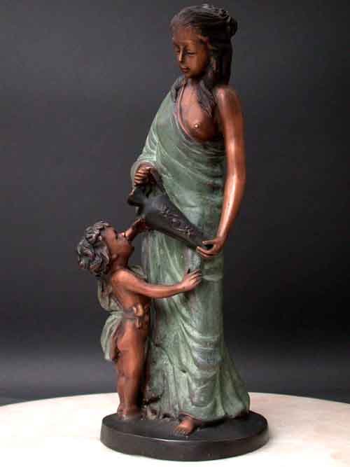 Bronze Fountain Lady and Bathing Boy Garden Art Sculptue