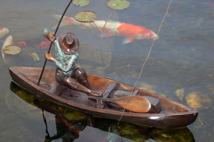 FISHERMAN Bronze Sculpture Fishing Koi Pond Boat