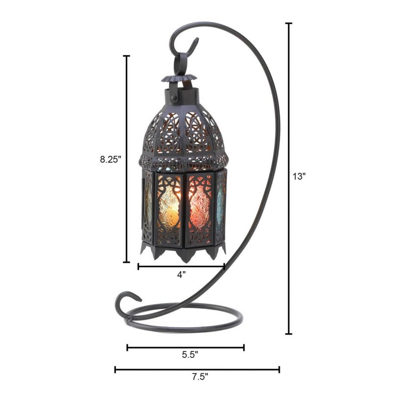 Black Moroccan Style Lantern On Stand MultiColor Glass