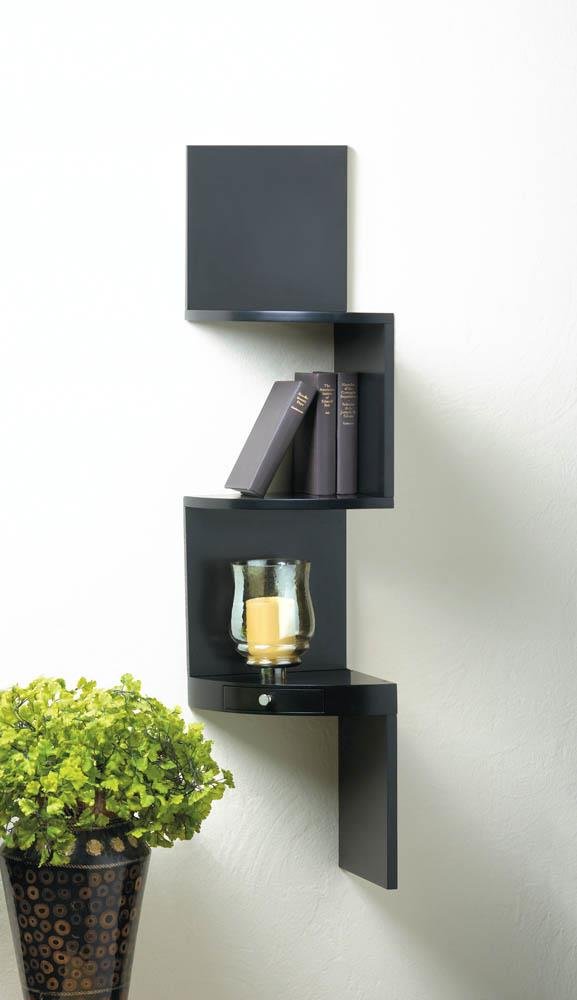 Black Contemporary 3 Tier Zig Zag Corner Wall Shelves With Drawer
