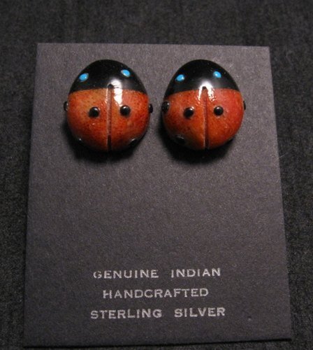 Image 0 of Cute Zuni Indian Ladybug Fetish Earrings by Georgette Quam