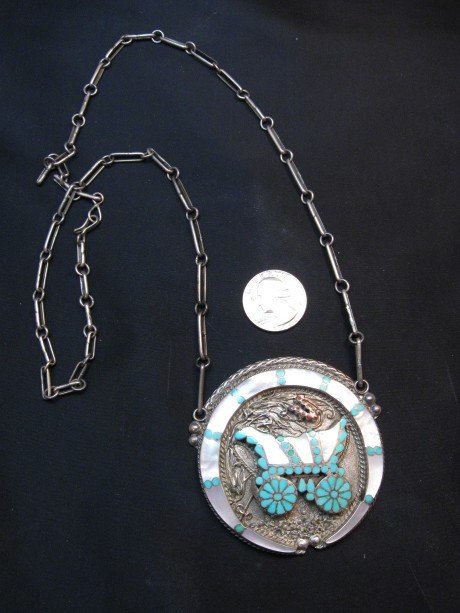 Image 1 of Vintage DISHTA Zuni Turquoise Inlay Conestoga Wagon Necklace, VM Dishta