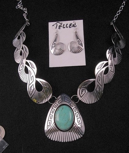Image 0 of Everett & Mary Teller Navajo Kingman Turquoise Silver Swirl Necklace & Earrings