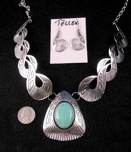 Image 5 of Everett & Mary Teller Navajo Kingman Turquoise Silver Swirl Necklace & Earrings