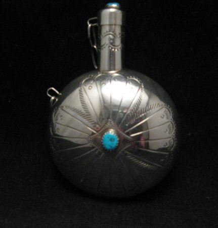 Image 1 of Native American Navajo Sterling Silver Turquoise Canteen 