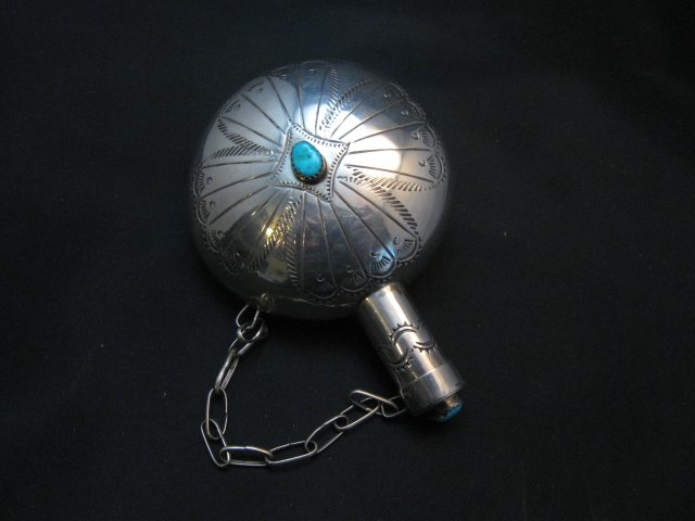 Image 3 of Native American Navajo Sterling Silver Turquoise Canteen 