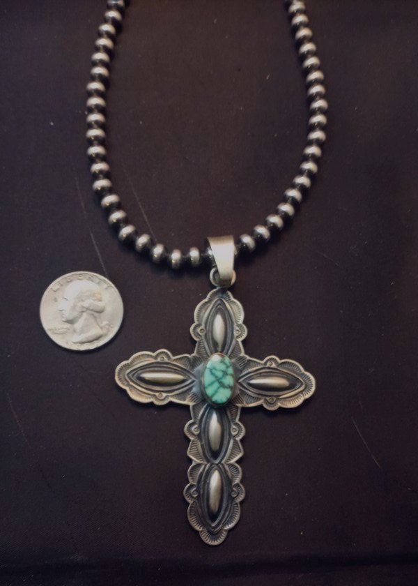 Image 2 of Navajo Old Pawn Style Turquoise Silver Cross Pendant, Derrick Gordon