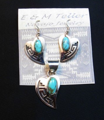 Image 2 of Navajo Silver Overlay Turquoise Heart Earrings, Everett & Mary Teller