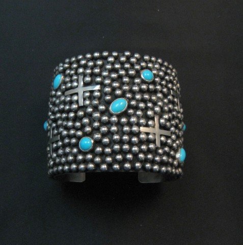 Image 0 of Wide Navajo ~ Ronnie Willie ~ Turquoise Silver Four Corners Cuff Bracelet 