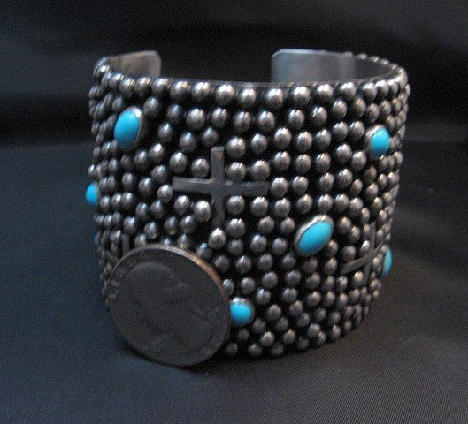 Image 7 of Wide Navajo ~ Ronnie Willie ~ Turquoise Silver Four Corners Cuff Bracelet 