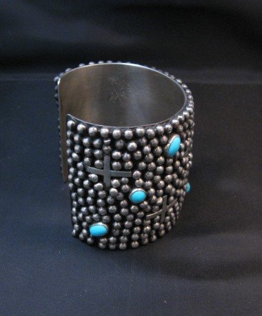 Image 5 of Wide Navajo ~ Ronnie Willie ~ Turquoise Silver Four Corners Cuff Bracelet 