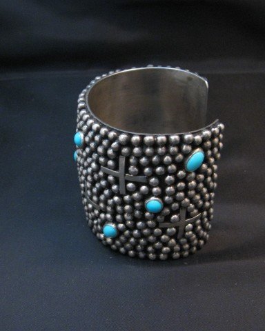 Image 6 of Wide Navajo ~ Ronnie Willie ~ Turquoise Silver Four Corners Cuff Bracelet 