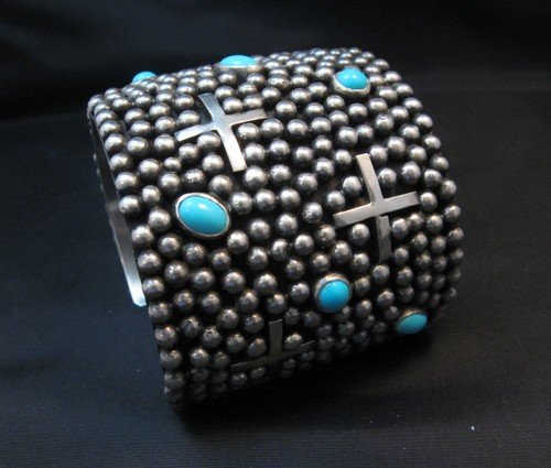 Image 1 of Wide Navajo ~ Ronnie Willie ~ Turquoise Silver Four Corners Cuff Bracelet 