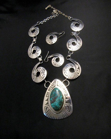 Image 0 of Navajo Chrysocolla Silver Swirl Necklace & Earrings -Everett & Mary Teller