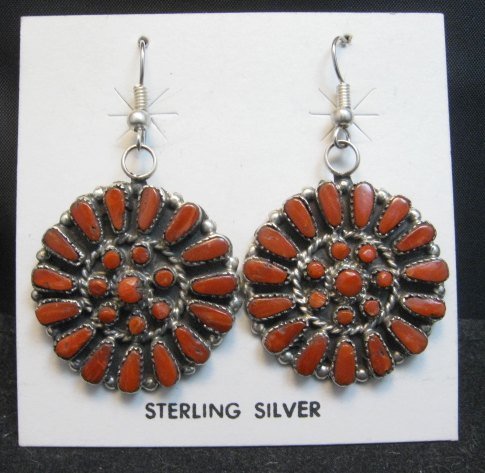 Image 0 of Zuni Coral Sterling Silver Cluster Dangle Earrings, Marcine Stead