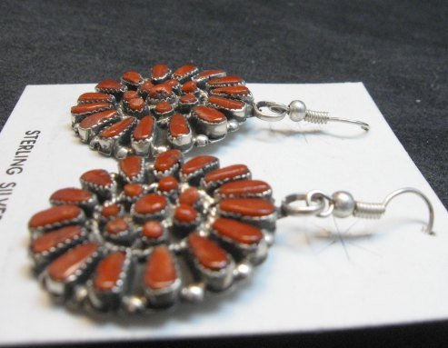 Image 1 of Zuni Coral Sterling Silver Cluster Dangle Earrings, Marcine Stead
