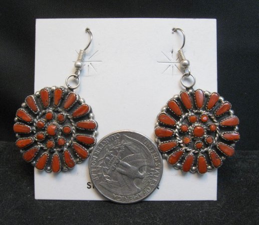 Image 2 of Zuni Coral Sterling Silver Cluster Dangle Earrings, Marcine Stead