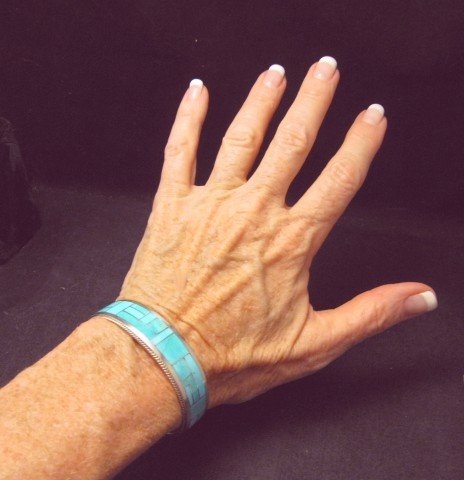Image 1 of Rick & Glendora Booqua Zuni Turquoise Inlay Sterling Silver Bracelet
